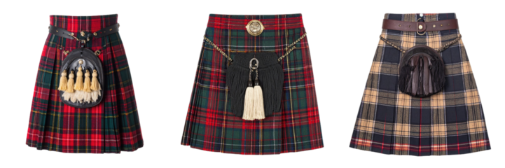 Three Traditional Tartan Kilts Displayed with Detailed Patterns in Red Green and Brown Hues with Leather and Decorative Accessories