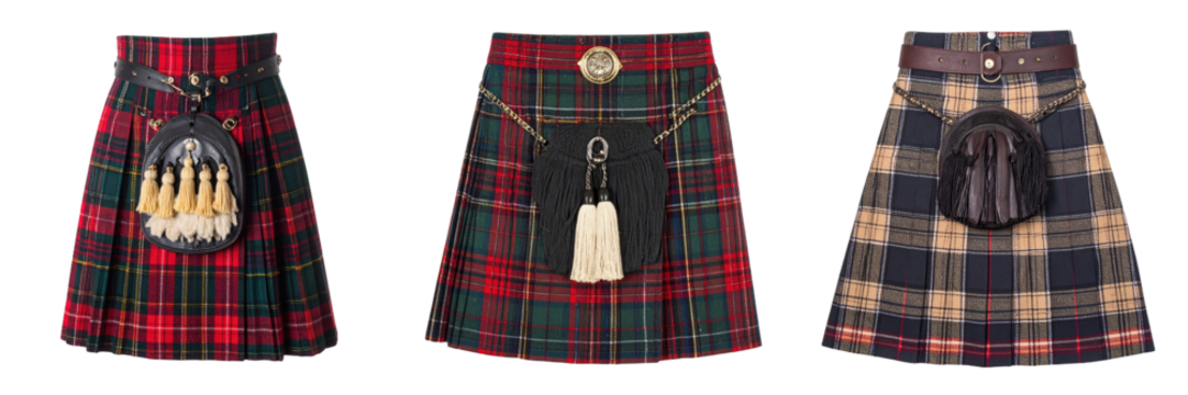 Three Traditional Tartan Kilts Displayed with Detailed Patterns in Red Green and Brown Hues with Leather and Decorative Accessories