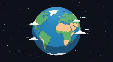 Fototapeta premium A vibrant illustration of the Earth globe, detailed with continents and clouds, floating in a dark, star-filled outer space, representing global connection or environmental themes.