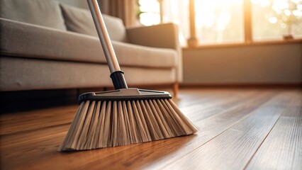Cleaning the wooden floor with a broom in the living room.