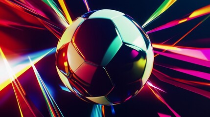 Colorful abstract soccer ball illustration with vibrant light streaks and dark background