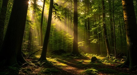 Obraz premium Enchanting Forest Scene Sunbeams Streaming Through Verdant Trees An Atmospheric Nature Photograph