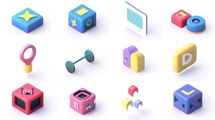 3D Solid Icons on White Background