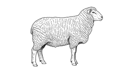 Detailed Black and White Illustration of a Sheep in Profile - Line Art Vector