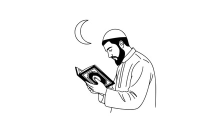 Devout Man Reading Holy Book Under Crescent Moon - Line Art Vector