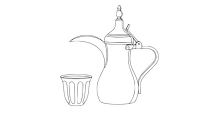 Elegant Arabic Coffee Pot and Cup Outline Illustration - Line Art Vector