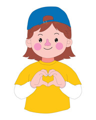 Vector art of smiling cartoon girl in yellow sweater forming a heart with her hands. Kawaii style character illustration with soft colors, suitable for love, empathy, and children's projects.