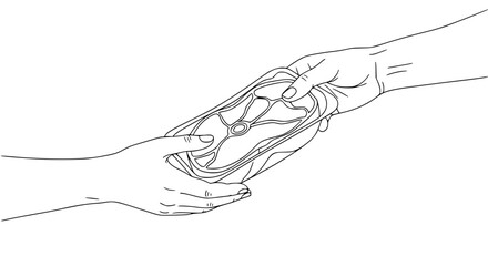HandDrawn Illustration of Hands Exchanging VacuumSealed Meat - Line Art Vector