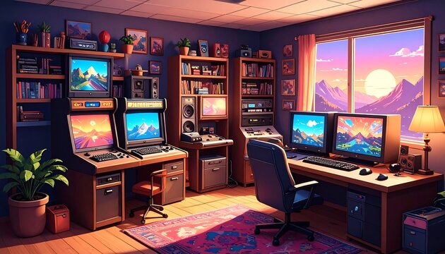 Cozy retro home office with mountain view - Powered by Adobe