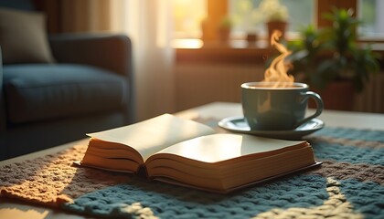 Open book on table near steaming coffee cup in cozy sunlit living room