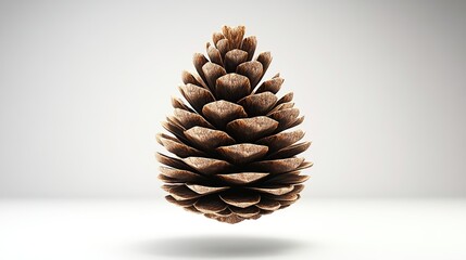 A detailed close-up of a single, mature, brown pine cone, seemingly floating against a stark white background, subtly shadowed below