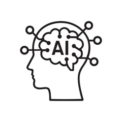 Artificial Intelligence AI icon with human head. Machine learning and neural network technology concept. Vector line art
