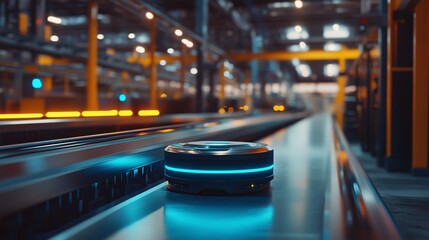 Automated Industrial Mobile Robot Moving on Conveyor Belt in Factory Setting