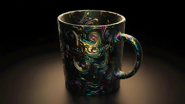 Colorful swirling mug with intricate patterns illuminated against a dark background, showcasing artistry