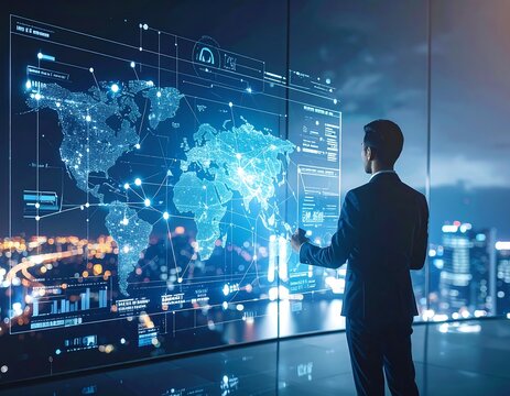 Businessman interacts with global data visualization