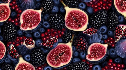 Vibrant Mixed Fruit Still Life featuring Figs Blackberries Pomegranate and Blueberries