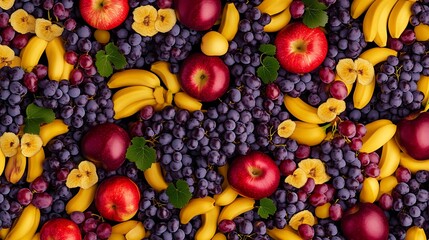 Abundant display of fresh fruits including red apples, yellow bananas, and purple grapes