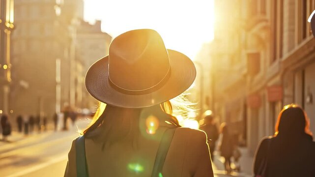 City Street View and Pedestrians Under Warm Sunlight