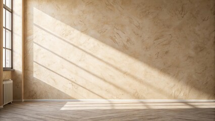 Empty room with beige venetian plaster wall and sunlight