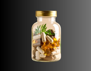 Herbal Supplements and Pills in Apothecary Jar on Neutral Background