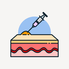 Medical injection icon showing a syringe injecting into the skin, illustrating treatment, vaccination, or dermatological procedures.