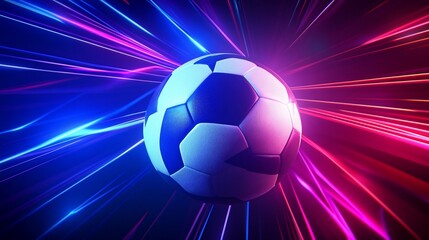 Soccer ball with vibrant light trails on a blue and pink gradient background creates dynamic sport scene