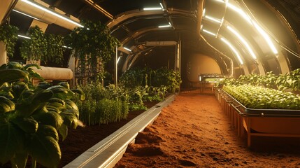 Interior of a greenhouse with plants growing on red soil, with bright lights overhead