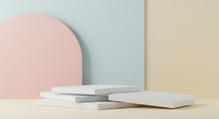 White pieces of stone slabs forming a product podium for product display with pastel color background
