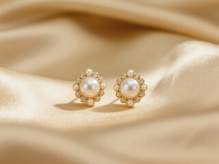 A pair of ornate gold earrings, featuring an oval pearl surrounded by smaller pearls and sparkling gems, hangs from a floral-inspired top. They are displayed on a luxurious satin fabric.