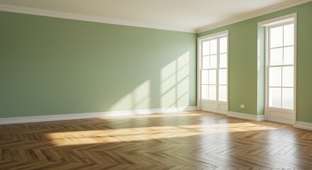 Fototapeta premium Light Green Room with a White Ceiling and Cornice, Glossy Herringbone Parquet Floor, Three Large Windows and a White Plinth
