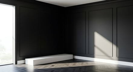 Fototapeta premium Corner of the Sunlit Interior with Black Walls, a White Ceiling and Cornice, Glossy Herringbone Parquet Floor, and a White Plint