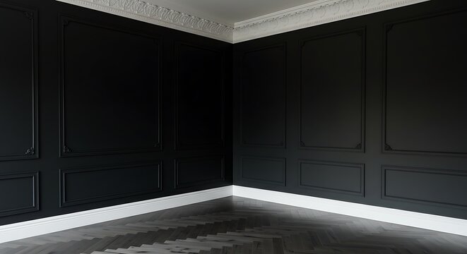 Corner of the Sunlit Interior with Black Walls, a White Ceiling and Cornice, Glossy Herringbone Parquet Floor, and a White Plint