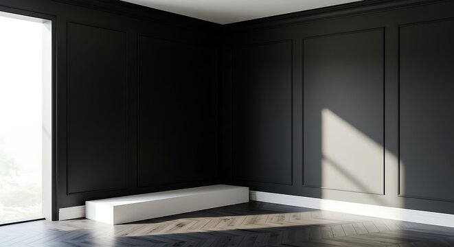 Corner of the Sunlit Interior with Black Walls, a White Ceiling and Cornice, Glossy Herringbone Parquet Floor, and a White Plint