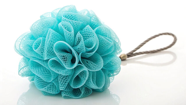 Textured turquoise bath loofah with a rope handle isolated on a white glossy background studio shot representing spa bathroom hygiene and beauty