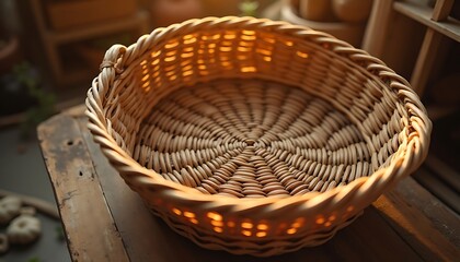 Fototapeta premium Round handwoven wicker basket on rustic wooden table in warm light