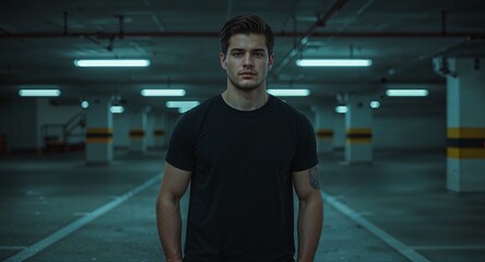 Fototapeta premium pale skinned guy in tight tee standing in parking garage under neon lights