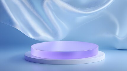 Elegant Purple Podium with Flowing Blue Fabric in a Minimalist Setting