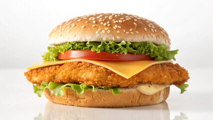 Delicious chicken sandwich with fresh ingredients on a sesame seed bun against a white background a tasty food concept