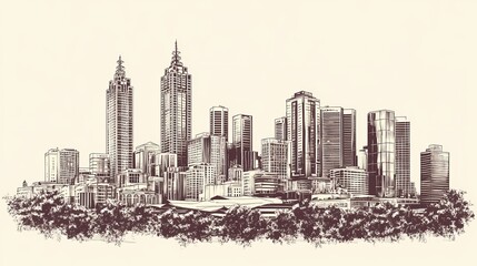 Fototapeta premium Hand-drawn cityscape of modern skyscrapers.