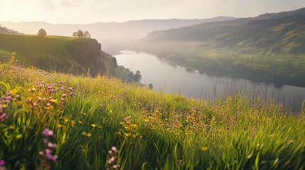 A serene landscape with a river, mountains, and a field of wildflowers at dawn