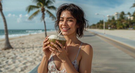 short latina woman on beach boardwalk sipping coconut smiling