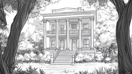 Sketch of Historic Mansion in Lush Garden