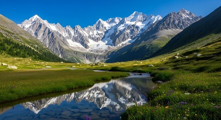 Fototapeta premium Majestic Mountain Peaks Reflected in Serene Lake A Breathtaking Landscape Photography
