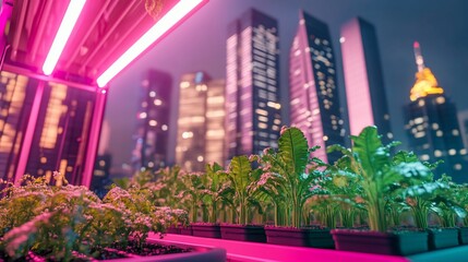Urban farming with pink grow lights and city skyline in background at night 75 characters