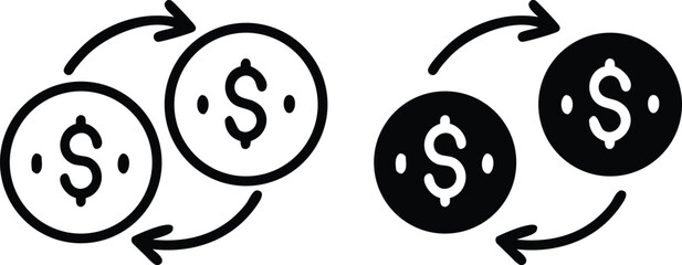 Obraz premium Minimalist Currency Exchange Icon – Line Art Dollar Coins with Circular Arrows in Flat Black and White