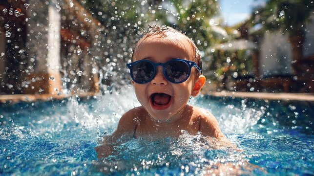 Happy Baby Boy Swimming Pool Summer Fun Adorable Sunglasses Water Splashing Joyful Child Outdoor Recreation Active Lifestyle Cute Kid Blue Sunglasses Toddler Poolside wet cool pure