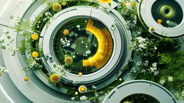 Abstract composition of futuristic circular elements intertwined with vibrant flora and micro-organisms