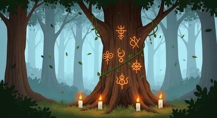 Enchanted Forest Altar with Glowing Symbols, Candle Light Ceremony and Mystical Tree Magic