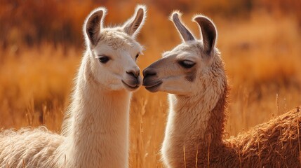 Obraz premium Two Adorable Llamas Affectionately Nuzzling in Golden Sunset Meadow Peaceful Nature Wildlife Scene Andean Animals Fluffy Soft Fur Gentle Creatures Beautiful Wildlife Photography 