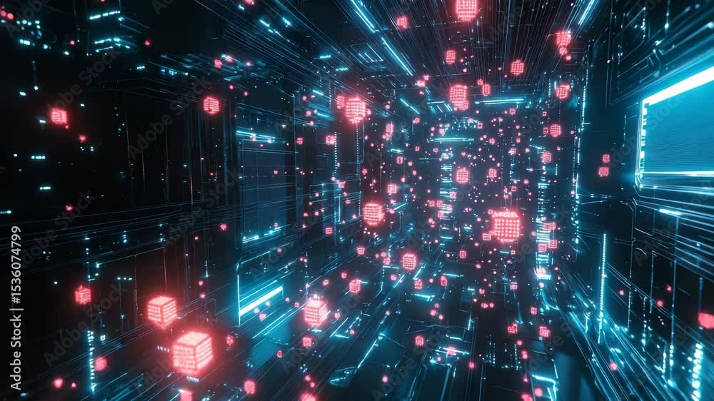 Poster a futuristic digital tunnel filled with glowing blue lines and red cubes, evoking a concept of cyber